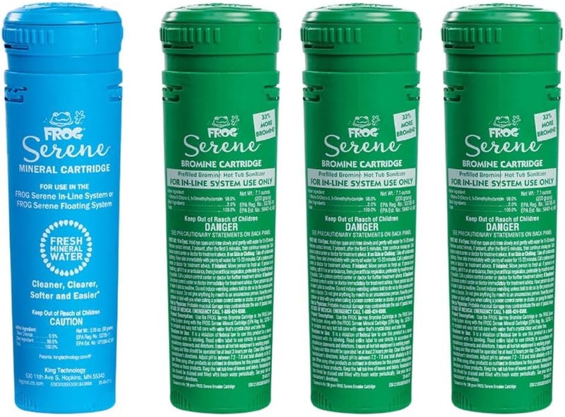 Frog Serene in-Line Cartridges for Hot Tubs That Have Built in Cartridge Holders, Serene Mineral Cartridge + 3 Bromine Cartridges (200 Grams) - Image 1